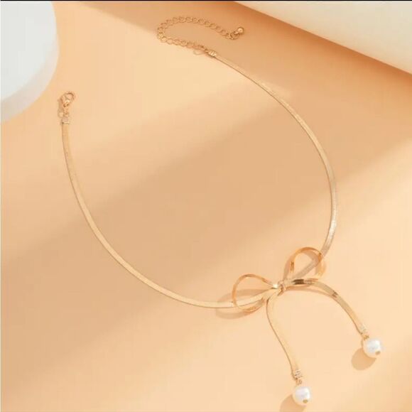 Bohemian Bow Choker Pearl Pendant Necklace on Gold or Silver Plated Tone - Picture 8 of 13